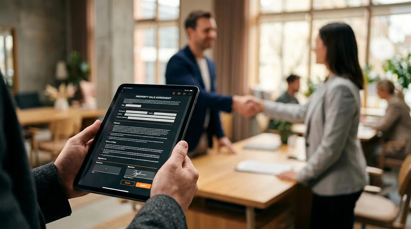 Closeup of a digital property transaction agreement with a handshake