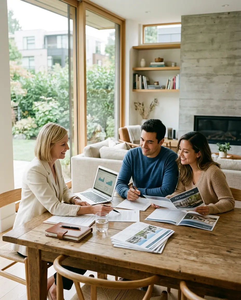 Real estate agent discussing buying and selling options with clients