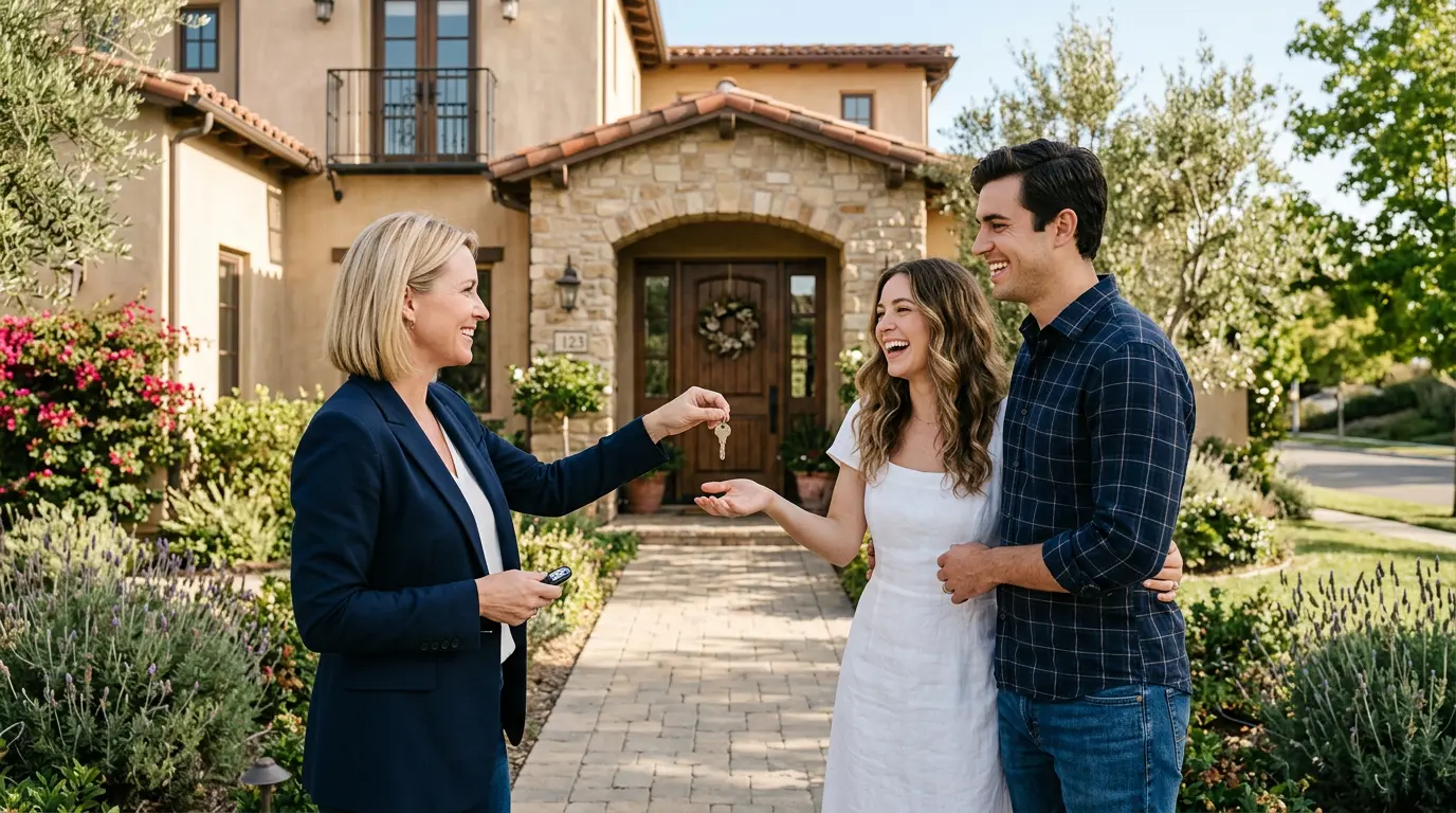Real estate agent handing the keys of a new home to a young couple