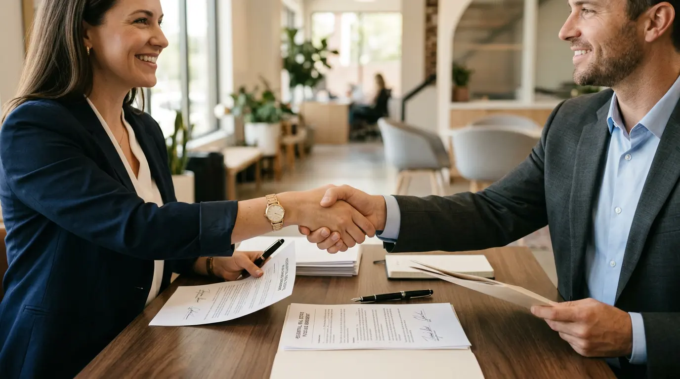 Real estate professionals shaking hands after signing an agreement