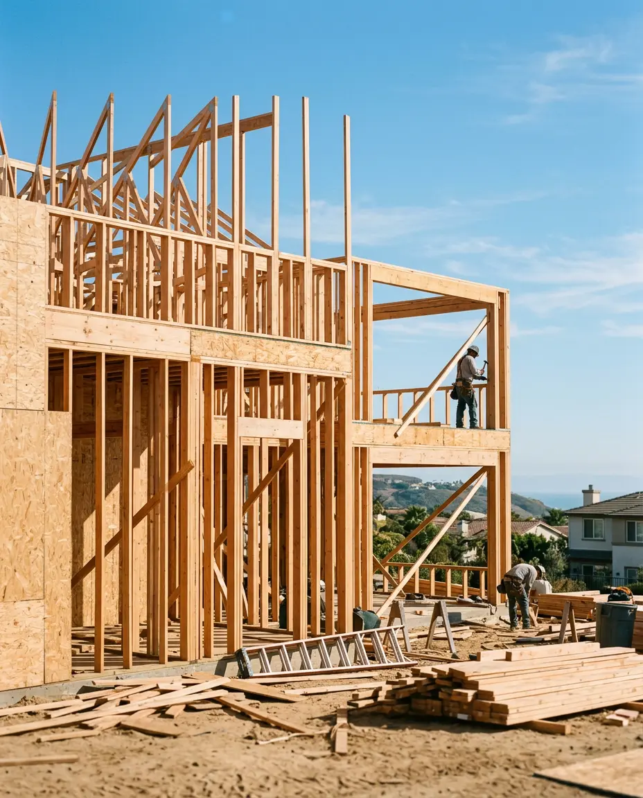 New construction framing at a San Diego area home site