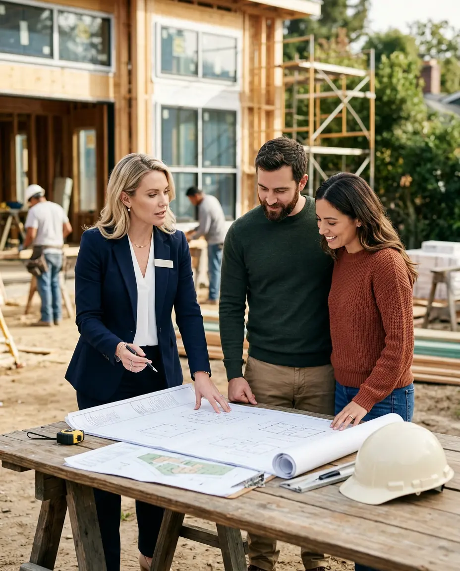 Briana Lyons reviewing construction plans with clients