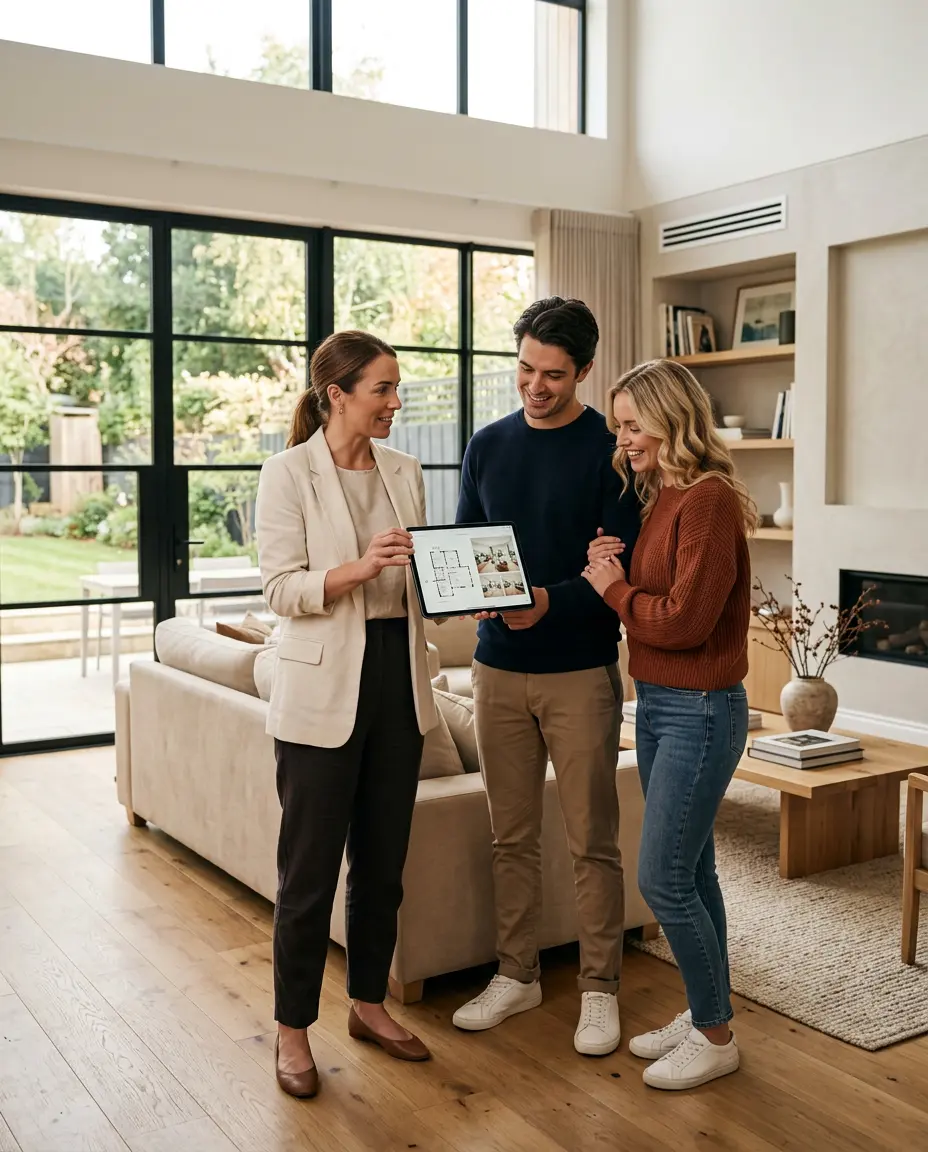 Real estate agent using a digital tablet to show a couple a new house